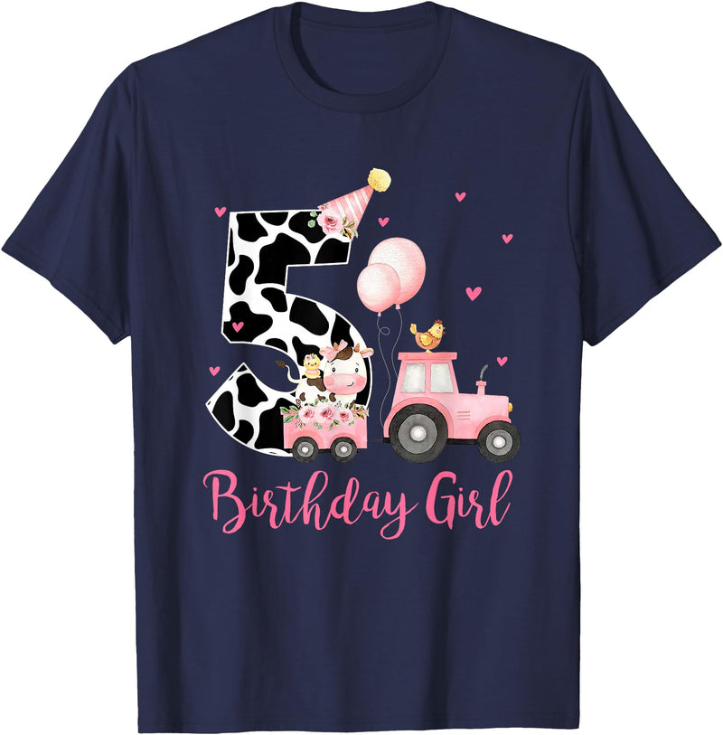 Milk Cow Print 5 Year Old Girl Birthday Gift 5th Birthday Outfit Girl 5 Year Old Farm Cow Chick Tractor T-Shirt - Navy Blue