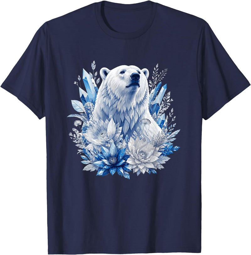 Arctic Polar Bear Crystal Flowers Nature Majestic Arctic Polar Bear with Ice Flowers Fantasy T-Shirt - Navy Blue