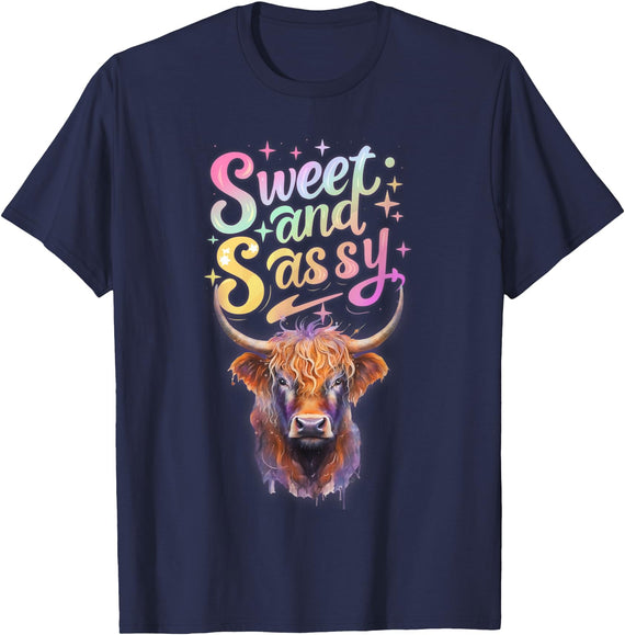 Huzzah Charm Sweet and Sassy Highland Cow T-Shirt - Navy Blue