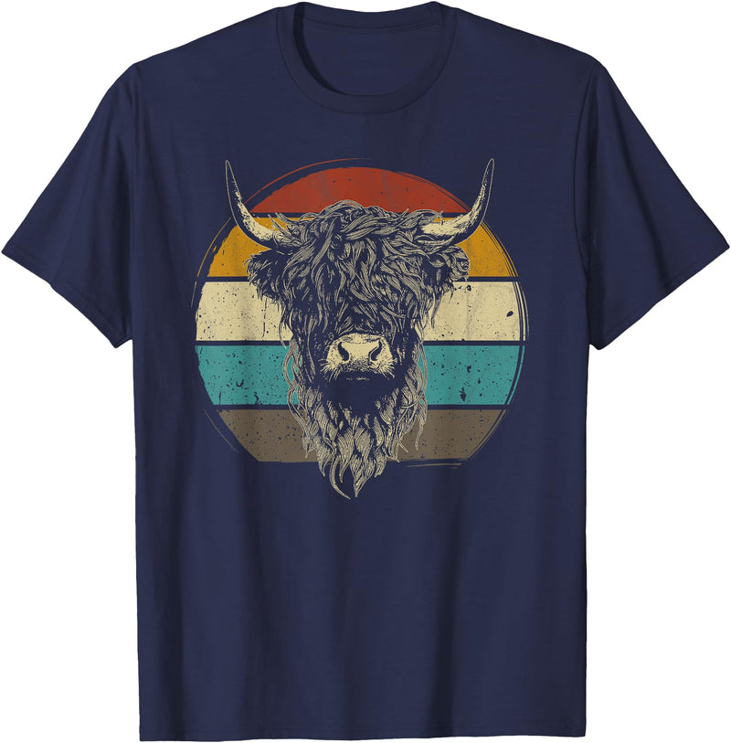 Scottish Highland Cow Lovers men woman kids Scottish Highland Cow Cattle Hairy Cow Retro for Cow Lovers T-Shirt - Navy Blue