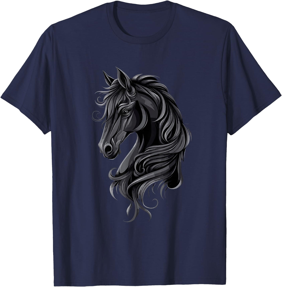 Artful Horse Designs Black Horse Portrait – Friesian Horse T-Shirt - Navy Blue