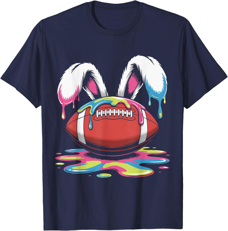Funny Easter Football Bunny Ears Paint Ice Cream Drip Rabbit T-Shirt in Navy Blue