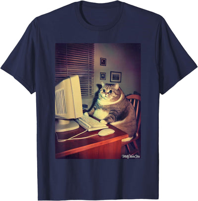 Totally Weird Tees Vintage Cat at Computer Funny Nostalgic Art T-Shirt