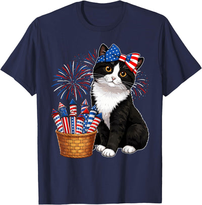 Cat Kitten Animal Lovers American Flag 4th of July 4th of July Tuxedo Black and White Cat Fireworks USA Flag T-Shirt