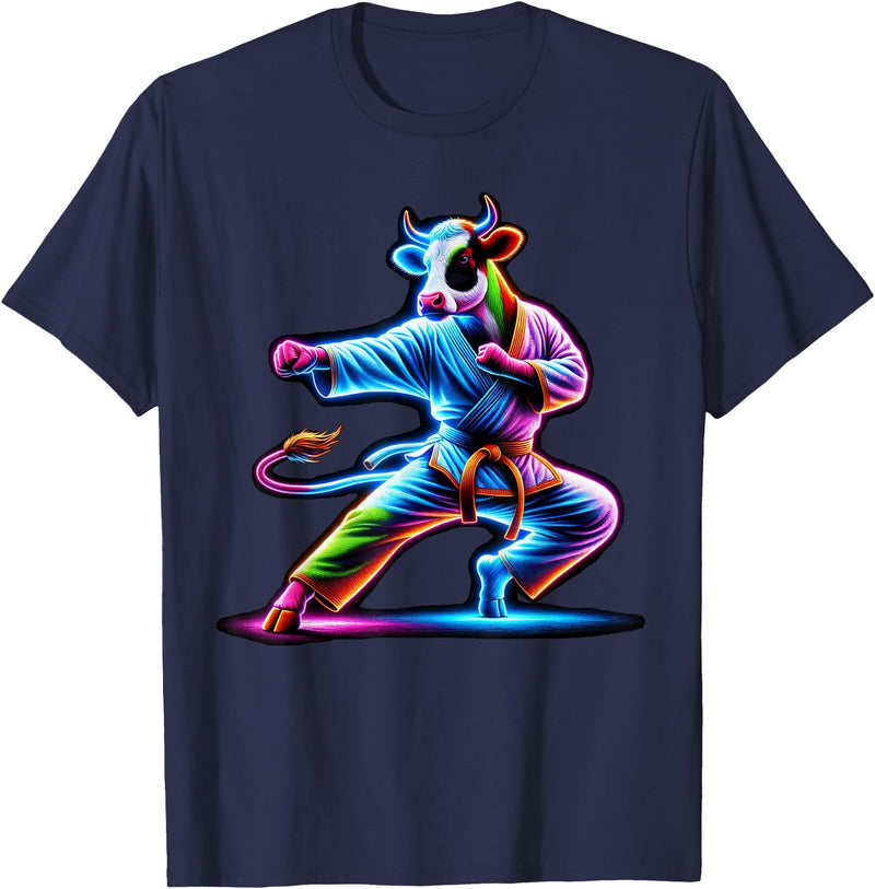 Cow Karate Black Belt Apparel Cow Karate Kick Punch Cute Funny Cool Martial Arts Cow T-Shirt - Navy Blue