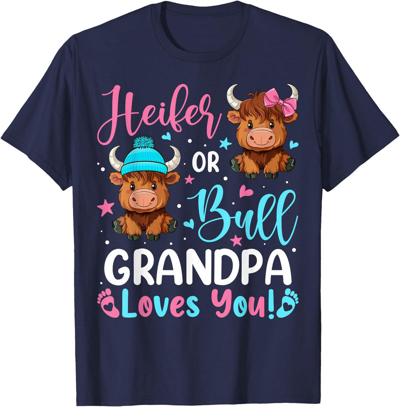 Reveal Party Highland Cow Bull or Heifer Grandpa Loves You Highland Cow Lover T-Shirt - Navy Blue