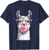 Cute Lama Llama Wearing Glasses Pink Apparel Llama Alpacas Wearing Glasses and Blowing Pink Bubble Gum T-Shirt - Navy Blue