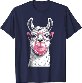 Cute Lama Llama Wearing Glasses Pink Apparel Llama Alpacas Wearing Glasses and Blowing Pink Bubble Gum T-Shirt - Navy Blue