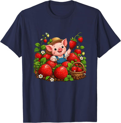 Cute Farmer Pig Strawberry Patch Berry Picking T-Shirt