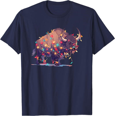 Cow Bison Wrapped in Christmas Lights Xmas Bison Buffalo T-Shirt