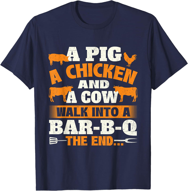 Funny BBQ Shirts A Pig A Chicken And A Cow - Grilling BBQ Lover Barbecue T-Shirt - Navy Blue