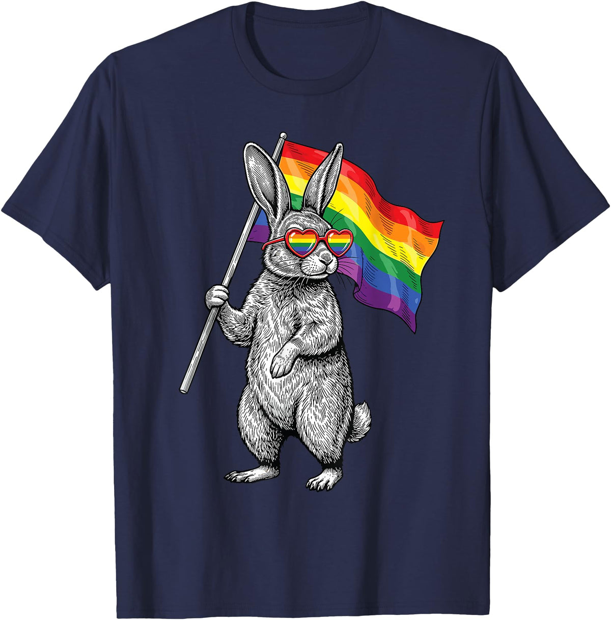 LGBTQ Pride Month Bunny Rainbow Gay Flag LGBT Ally Rabbit T-Shirt in Navy Blue