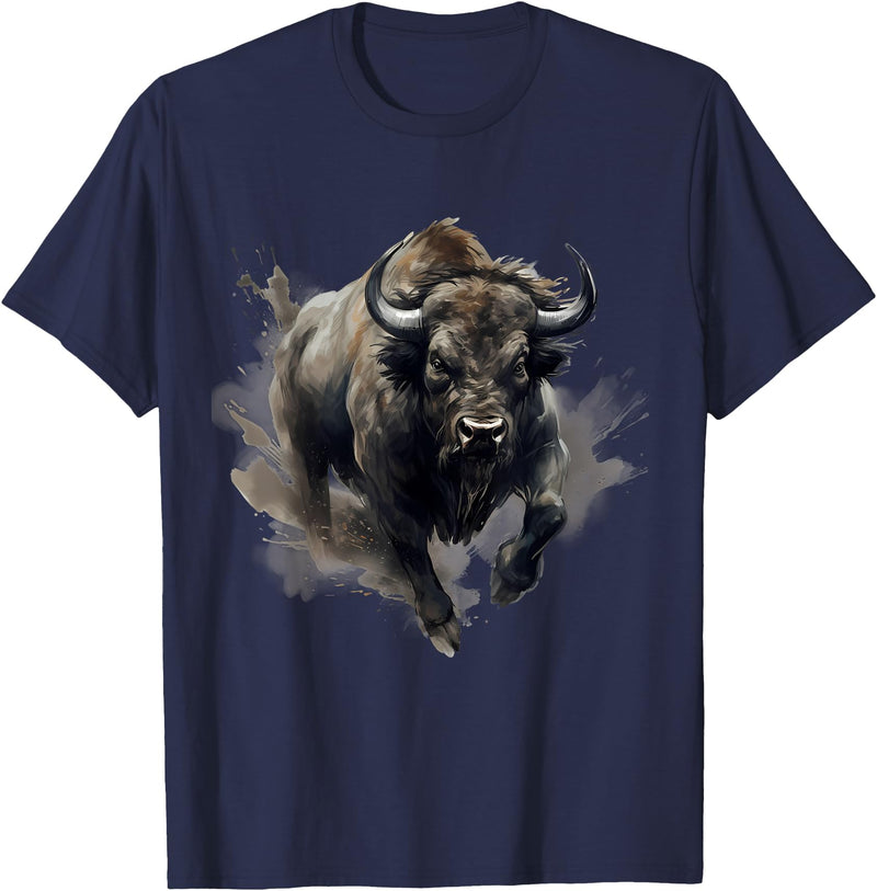 Safari Animal Art Buffalo Animal Print Splash Motif Bison Drawing Wildlife T-Shirt - Navy Blue