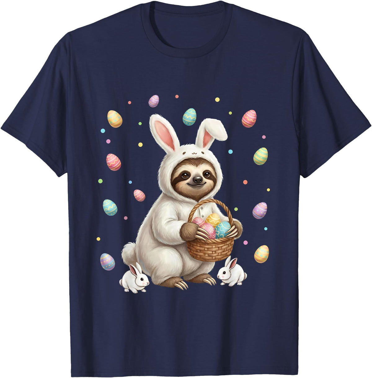 Cute Easter Bunny Rabbit with Eggs Whimsical Sloth Design T-Shirt in Navy Blue