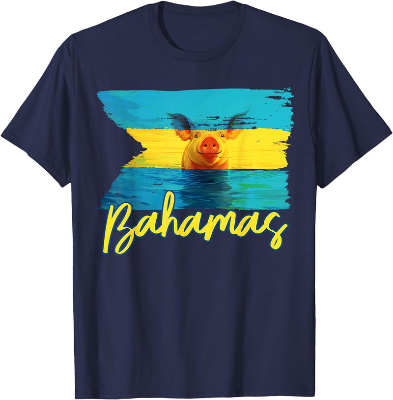 Swimming Pig Bahamas Beach Trips Bahamas Swimming Pig Flag Beach Caribbean Summer Vacation T-Shirt - Navy Blue