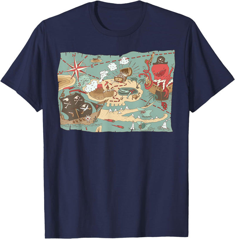 Mel & Bear Treasure Map Ship Sharks Pirates & Skulls Shirt Boys Kids T-Shirt - Navy Blue