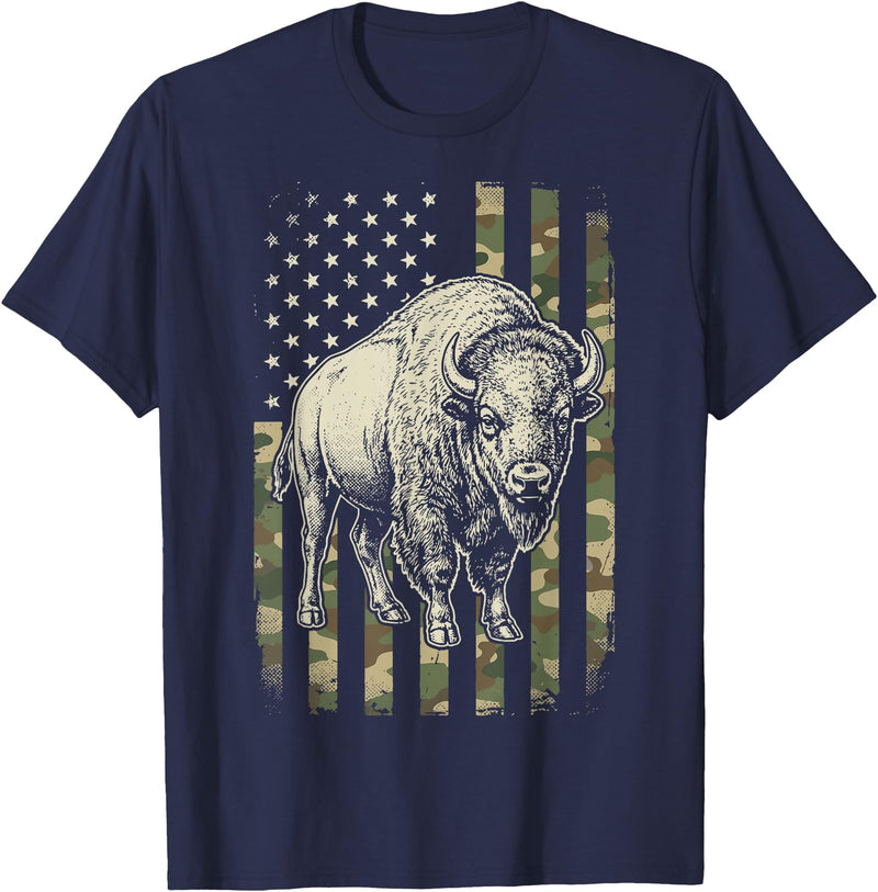 Usa Patriot American Bison Western Bufallo Bison USA Flag American Buffalo 4th of July T-Shirt - Navy Blue