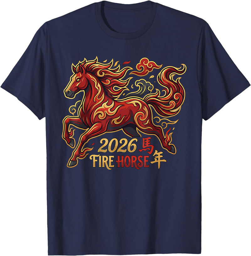 chinese new year outfits firehorse 2026 Chinese New Year of The Horse 2026 Fire Horse China Lunar T-Shirt - Navy Blue
