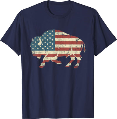 Cow Vintage Buffalo American Flag Bison Western T-Shirt