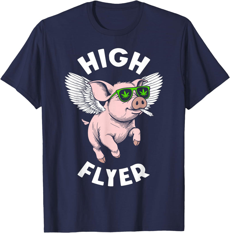 Grandio Design Funny Stoner Weed Cannabis Pot THC 420 Marijuana Funny Pig Lover High Flyer Stoner Weed Pot T-Shirt - Navy Blue