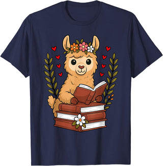 Bookworm Cute Llama Reading Book Llama Reading Book Graphic Llama with Book Floral T-Shirt - Navy Blue