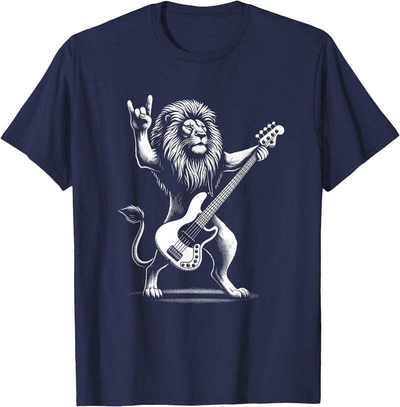 Funny Guitar Lion Lovers Costume for Guitarist Rock n Roll Lion Playing Guitar Funny Men Women Lion T-Shirt - Navy Blue