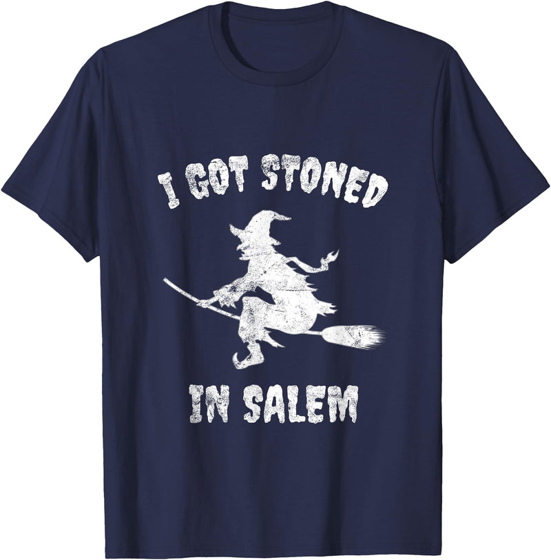 Salem Witches And Brooms Club I Got Stoned In Salem Halloween Witches Broomstick T-Shirt - Navy Blue