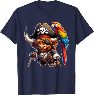 Pirate Highland Cow with Colorful Parrot T-Shirt