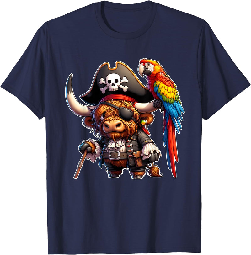 Funny Pirate Highland Cow Apparel Pirate Highland Cow with Colorful Parrot T-Shirt - Navy Blue