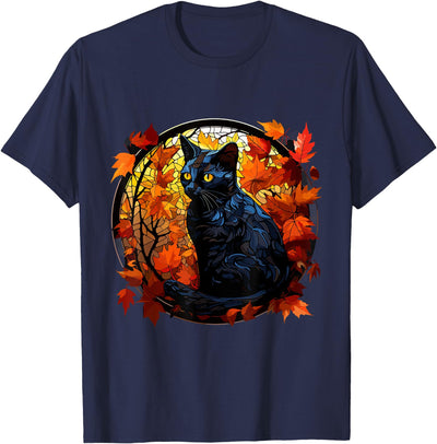 Halloween Cats Halloween Black Cat Stained Glass Autumn Leaves T-Shirt