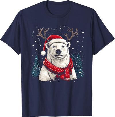 Polar Bear Reindeer Santa Hat Christmas Pajama Funny Xmas T-Shirt