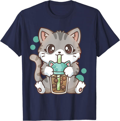 Kawaii Anime Shirts Boba Cat Bubble Tea Cat Kawaii Anime Girls Women Boys Men T-Shirt