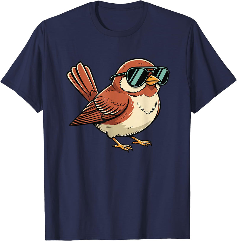 Chipper Feather Co Bird: Sparrow in Sunglasses, Cool Cartoon Avian Attitude T-Shirt - Navy Blue