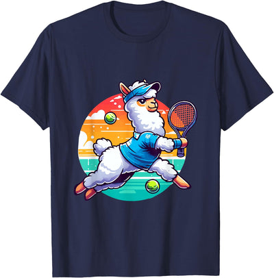 Funny Cute Animals Playing Tennis Apparel Llama Playing Tennis in Front of a Sunset T-Shirt