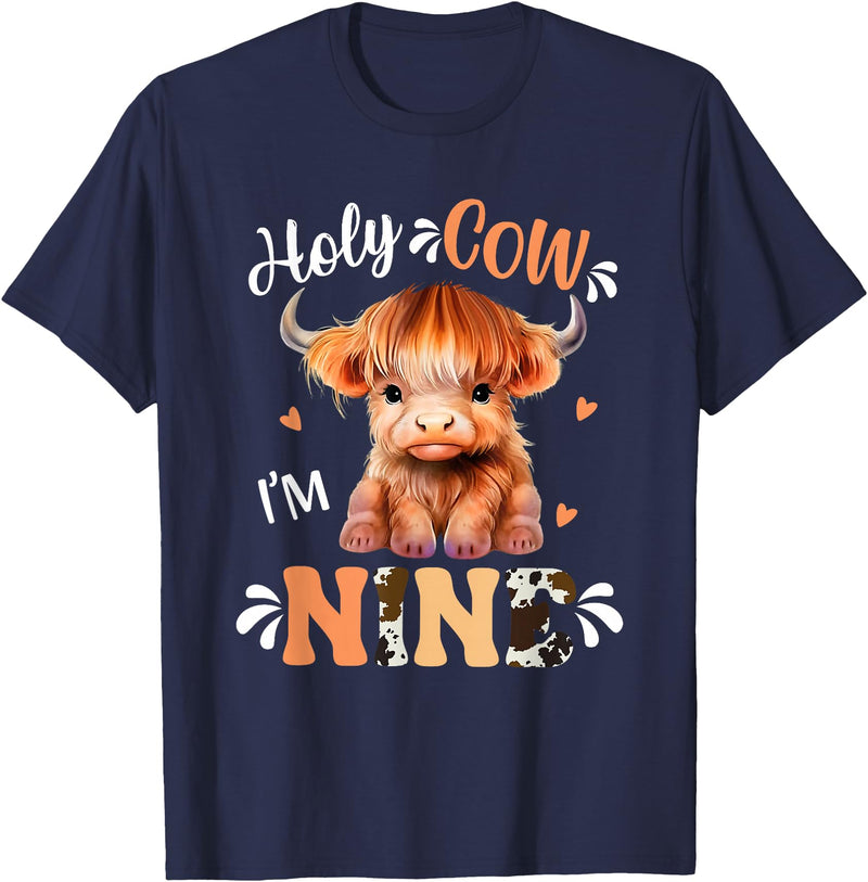 Highland Cow Print 9 Year Old Birthday Gift Holy Cow Im Nine Scottish Highland Cow Print 9th Birthday T-Shirt - Navy Blue
