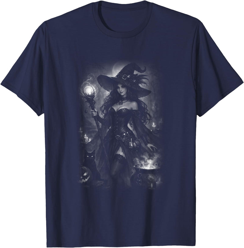 Gothic Halloween Witch Moon Sorcery Enchanting Halloween Witch Gothic Magic Night T-Shirt - Navy Blue