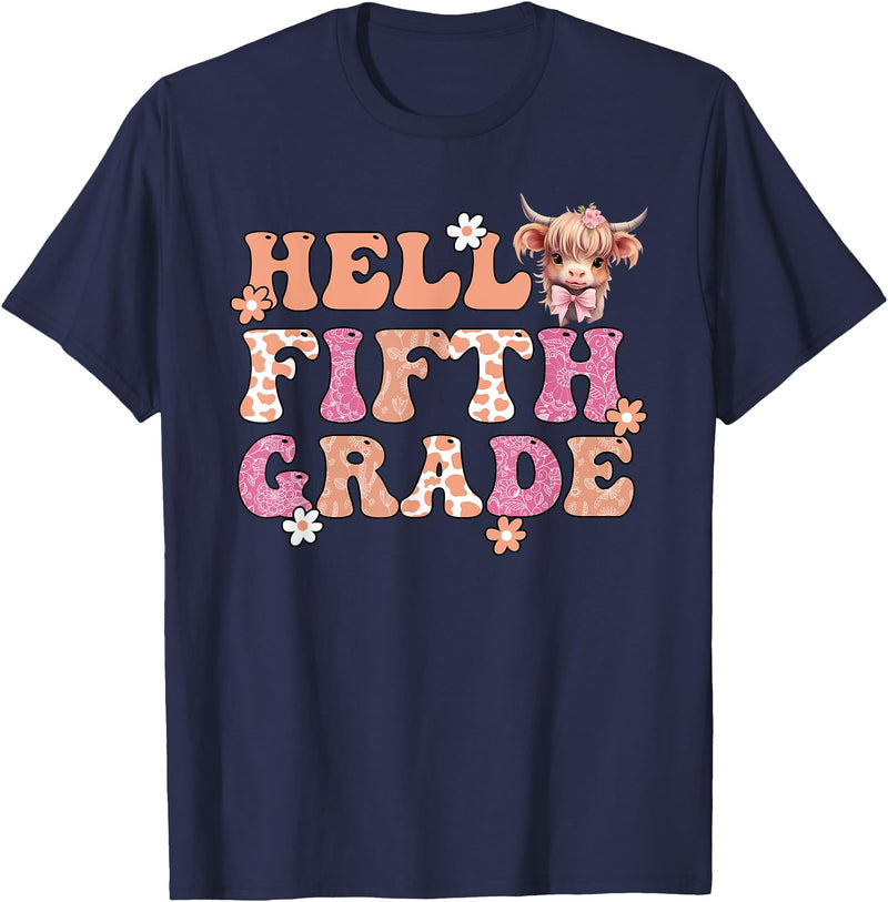 Highland Cow Print First Day of Fifth Grade Tees Hello Fifth Grade Highland Cow Back To School 5th Grade T-Shirt - Navy Blue