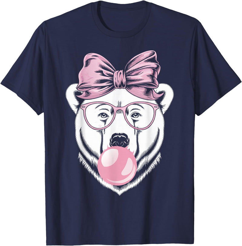 Polar Bear Bubblegum Polar Bear Wearing Glasses and Blowing Pink Bubble Gum T-Shirt - Navy Blue