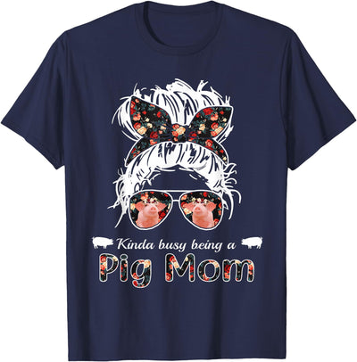 Kinda busy being a pig mom messy hair in bun bandana T-Shirt