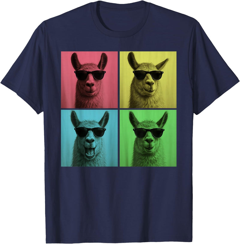 Retro Cute Llama Portrait with Sunglasses Llama Funny Pop Art Llama Lover Photo Booth T-Shirt - Navy Blue