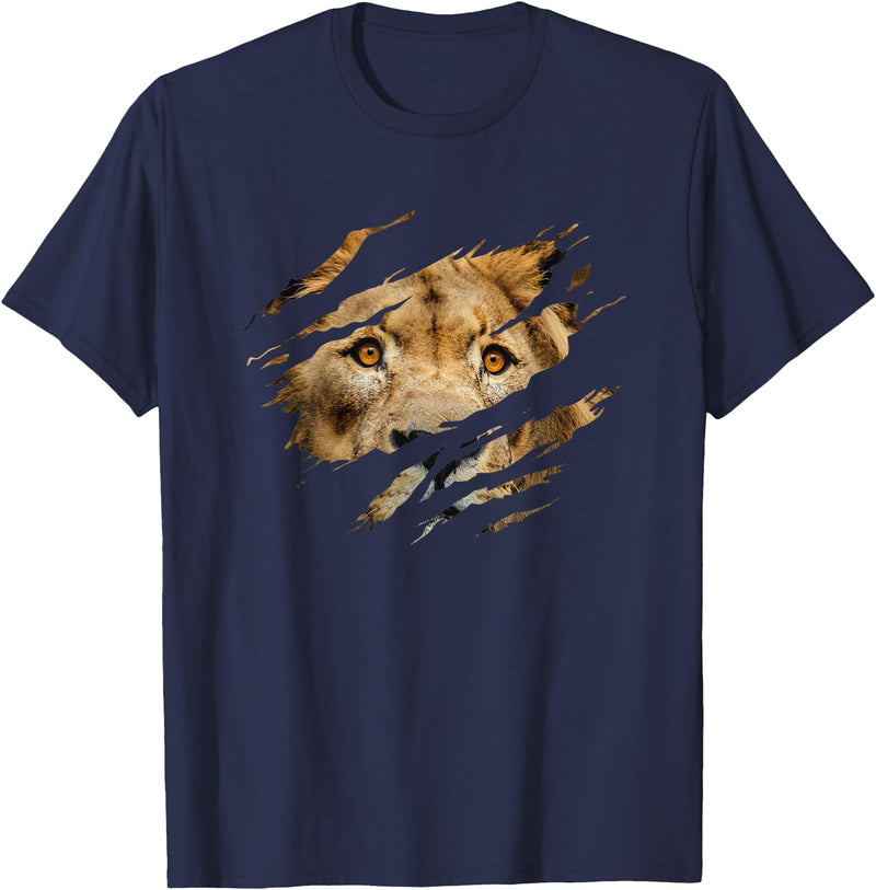 Lion Graphic - Wild Animal Lover Design Lion Outfit - Torn Design Picture Of A Lion's Face T-Shirt - Navy Blue