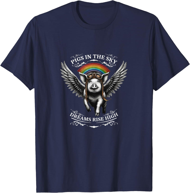 Schwein im Himmel – Träume steigen hoch Flying Pig with Wings in the Sky T-Shirt - Navy Blue