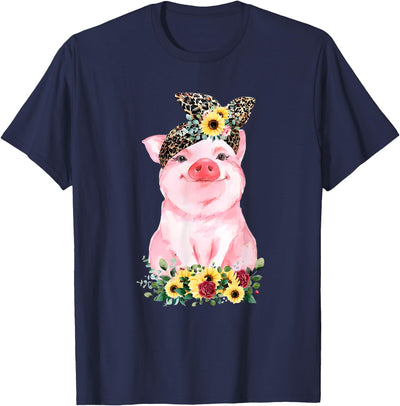 Pig With Leopard Headband Flower Cute Pig Lover T-Shirt