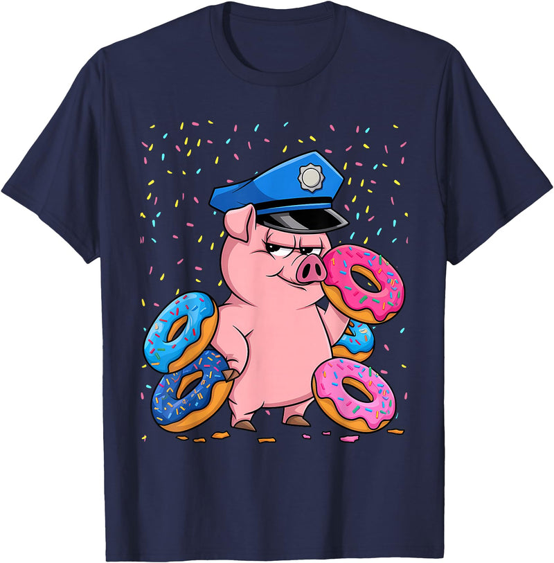 Pig Lover Gift Co. | Unisex Pig Cop Police Officer Doughnut T-Shirt - Black, Small, Short Sleeve - Navy Blue