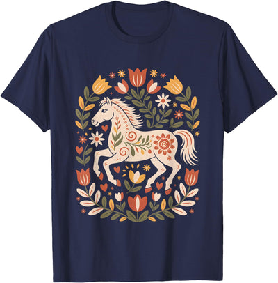 Nordic Folk Art Co. Scandinavian Folk Art Horse Floral Boho Equestrian Cottageco T-Shirt
