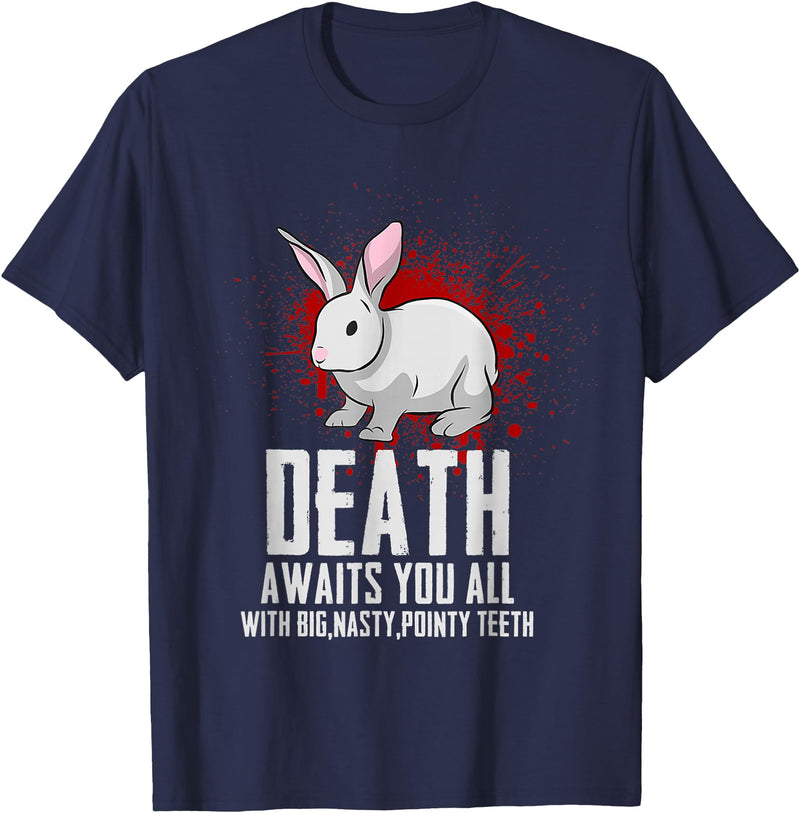 Death Awaits You All with Big Nasty Pointy Teeth Rabbit T-Shirt in Navy Blue