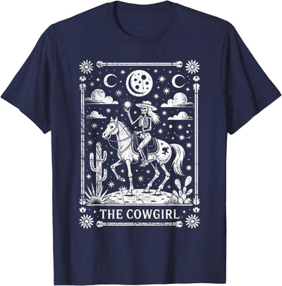 Funny Halloween Horse Costume Ideas And Gift Skeleton Cowgirl Riding Horse Tarot Card Gothic Halloween T-Shirt