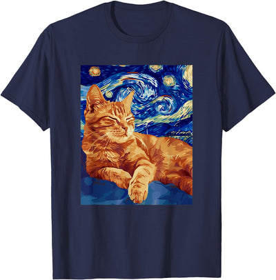 Art Starry Night Cat Starry Night Famous Painting Cat T-Shirt