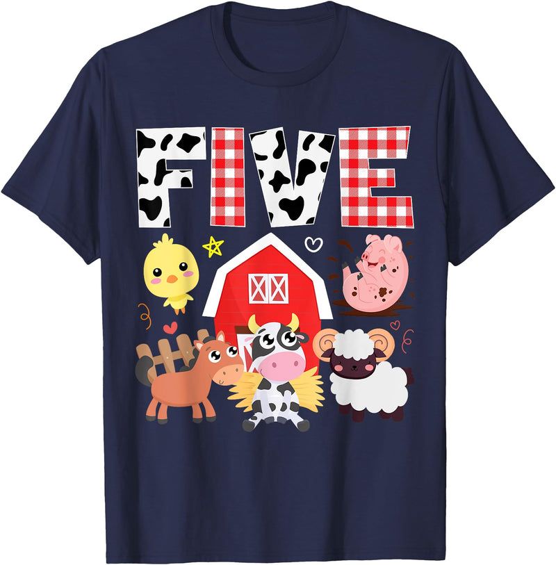 Farm Animals Cow Themed Birthday Party Family Tees 5th Birthday Five Year Old Farm Theme Animals Birthday Party T-Shirt -