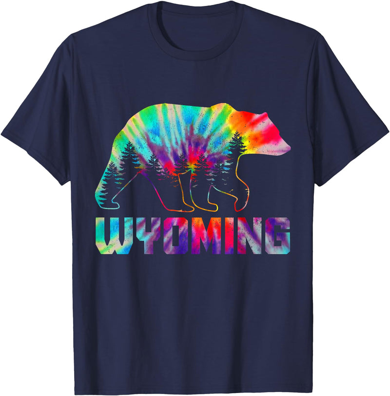 We Love Wyoming Wyoming Tie Dye Bear Pride Outdoor Hiking Camping Vintage T-Shirt - Navy Blue
